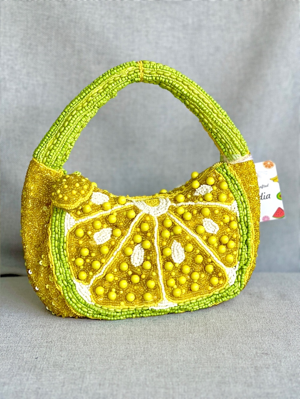 Handcrafted Lemon Beaded Hobo Bag Novelty Fruit Embroidered Sequined Handbag NWT